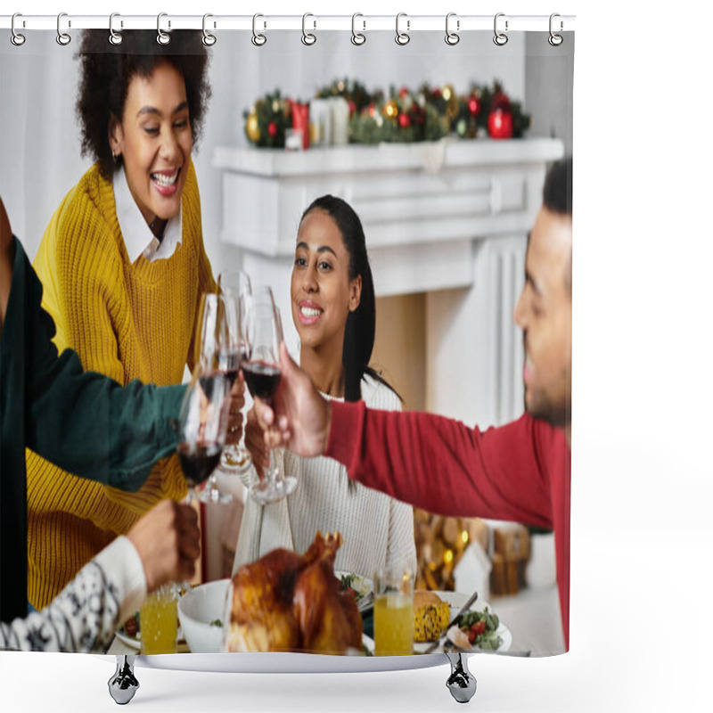 Personality  Friends Gather Around A Festive Table, Toasting To Friendship With Glasses Raised In Celebration. Shower Curtains