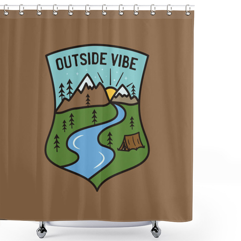 Personality  Vintage Outside Vibe Logo, Adventure Emblem Design With Mountains Scene, Tent And River. Unusual Line Art Retro Style Sticker. Stock Vector Label Shower Curtains