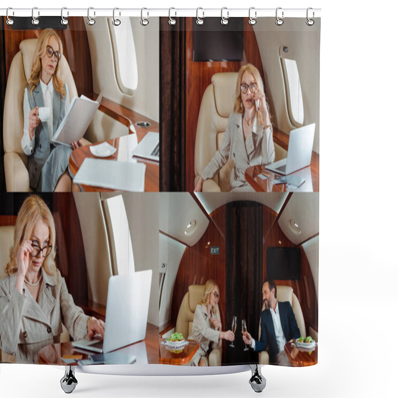 Personality  Collage Of Business People Using Laptop, Drinking Champagne Near Salad In Plane  Shower Curtains