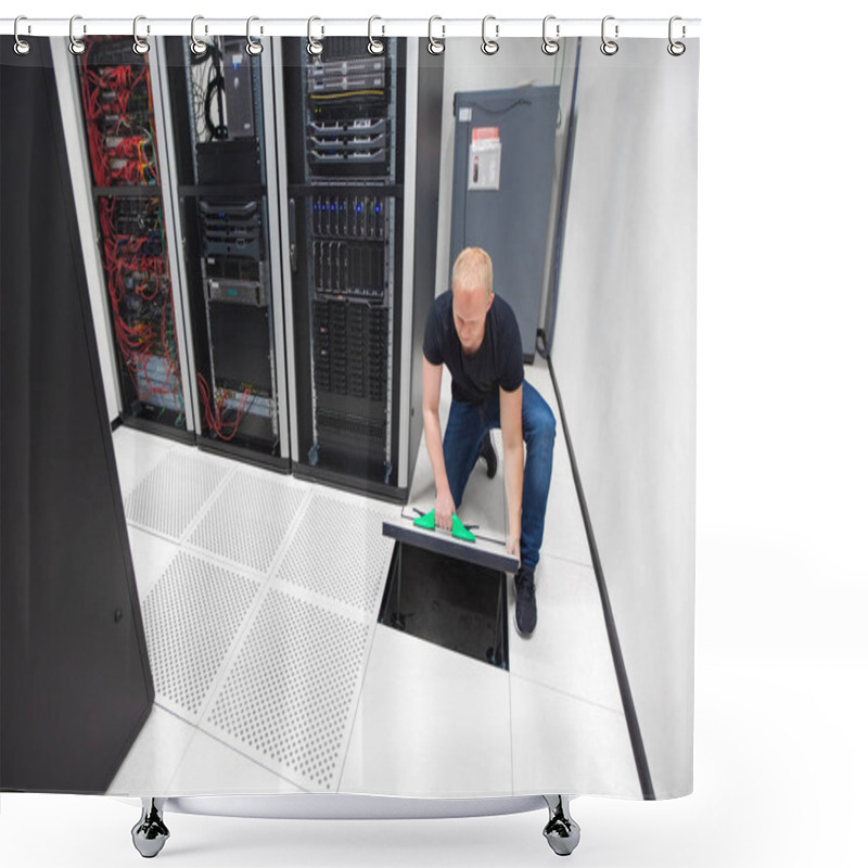 Personality  Technician Lifting Floor Tile Using Vacuum Suction Cups In Datac Shower Curtains