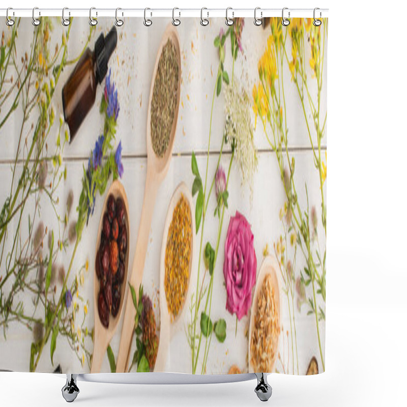 Personality  Panoramic Shot Of Herbs In Spoons Near Flowers And Bottle On White Wooden Background, Naturopathy Concept Shower Curtains