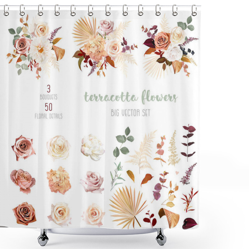 Personality  Rust Orange, Beige, White Rose, Burgundy Anthurium Flower, Pampas Grass, Fern, Dried Palm Leaves Vector Design Big Set.Trendy Flowers. Gold, Brown, Rust, Taupe. Elements Are Isolated And Editable Shower Curtains