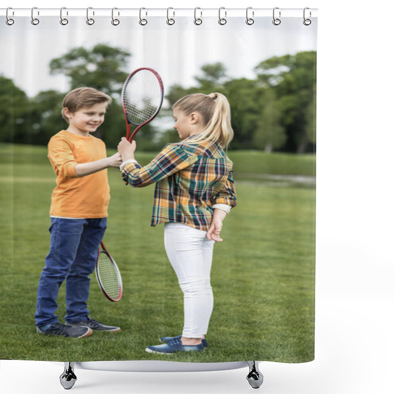 Personality  Siblings Playing Badminton Shower Curtains