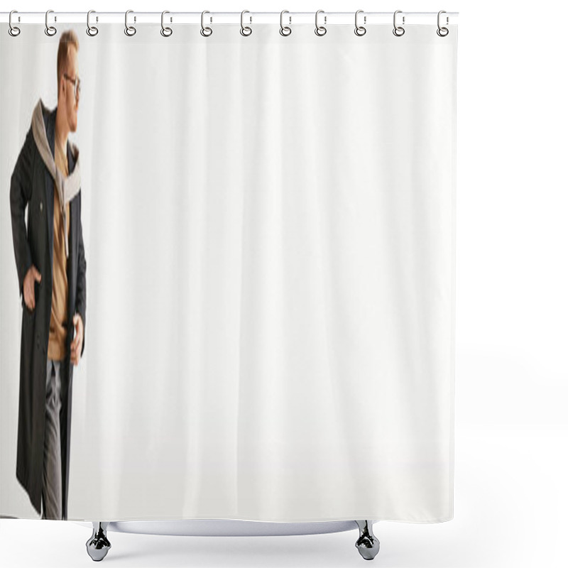 Personality  Stylish Man In Tie Stands With Hands On Hips In Confident Pose. Shower Curtains