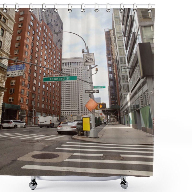 Personality  Traffic Signs Over Crosswalk And Cars Moving On Wide Roadway In New York City, Metropolis Scene Shower Curtains