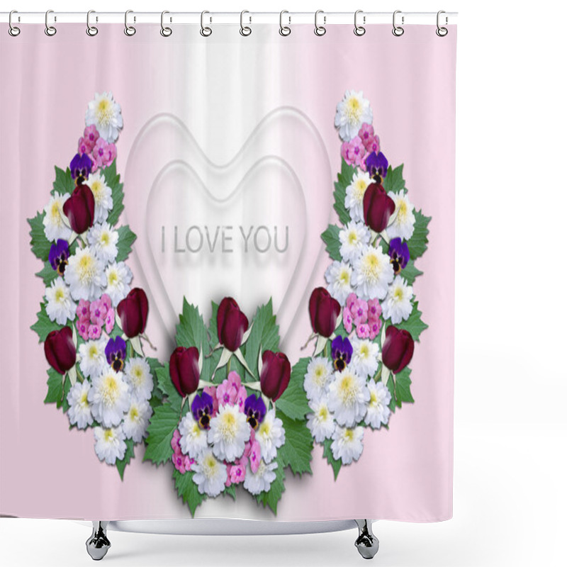 Personality  White Hearts With A Wreath Of Flowers On A Pink Background Shower Curtains