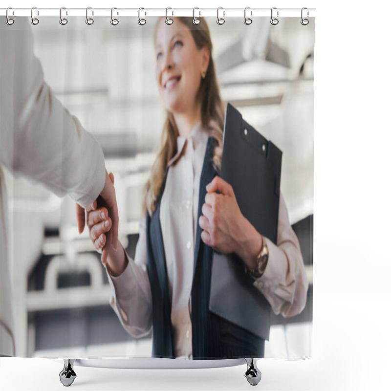 Personality  Selective Focus Of Smiling Businesswoman Shaking Hands With Coworker In Office Shower Curtains