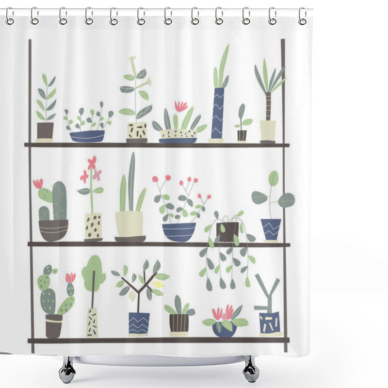 Personality  Set Of Indoor Plants In Pots On The Shelves. Vector Illustration On White Background. Shower Curtains