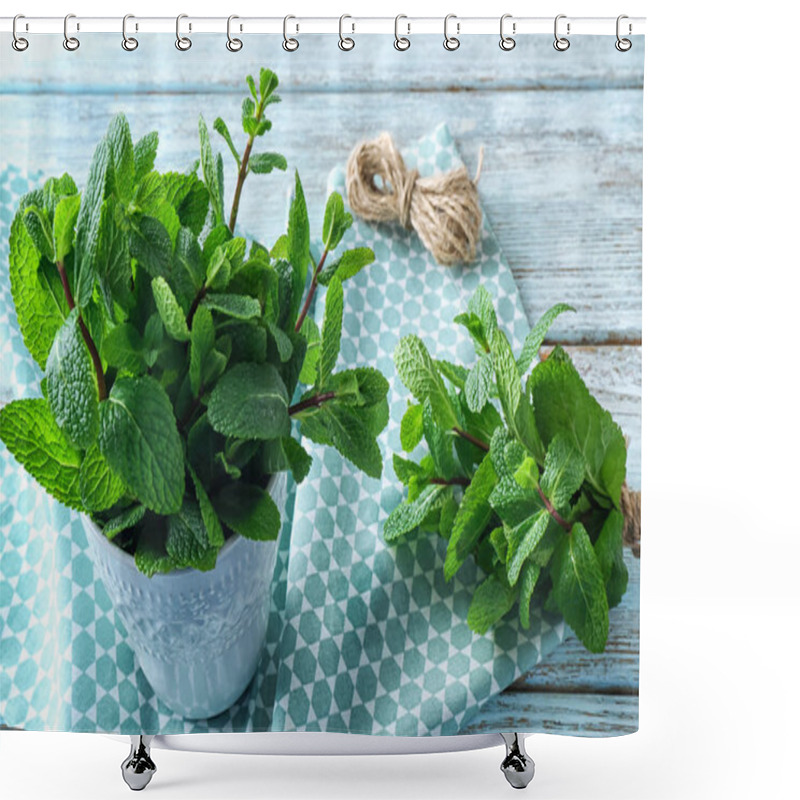 Personality  Cup With Fresh Lemon Balm On Table Shower Curtains