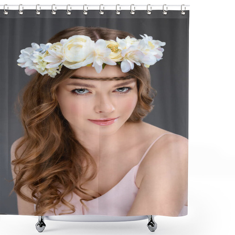 Personality  Beautiful Young Woman With Curly Hair In Floral Wreath Isolated On Grey Shower Curtains