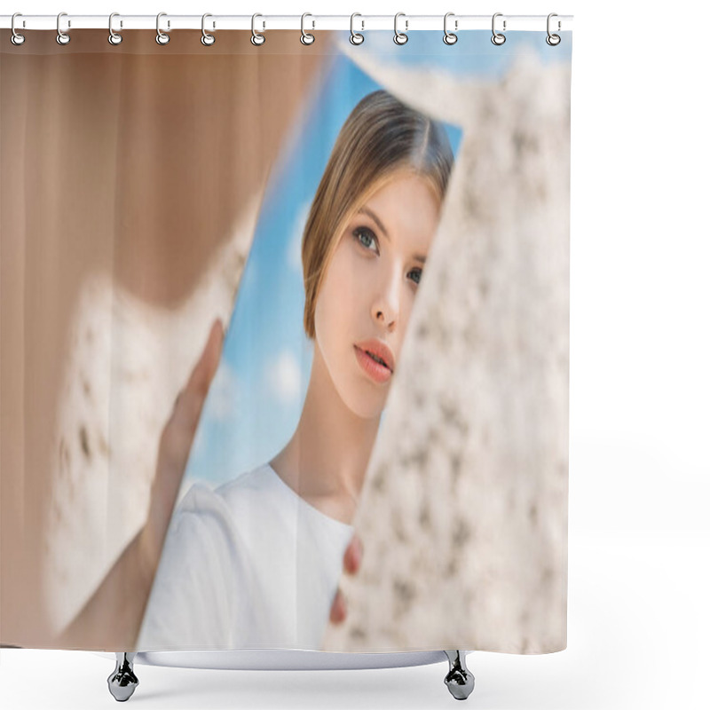 Personality  Beautiful Girl Holding Piece Of Mirror And Looking On Her Reflection Shower Curtains