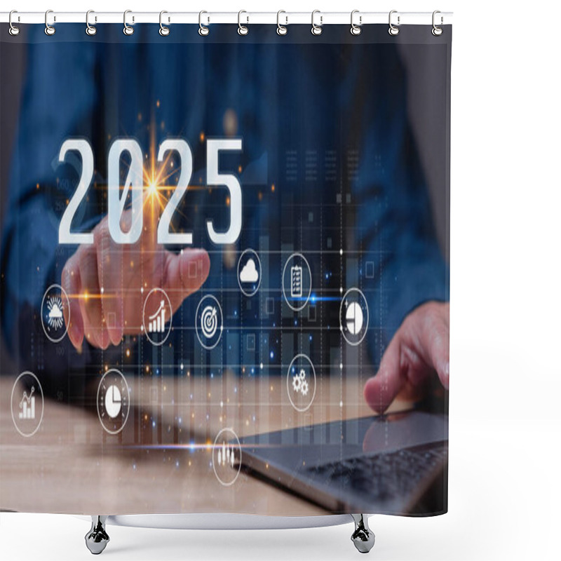 Personality  Dynamic Representation Of Future, Hand Reaching Out To Engage With Digital Elements Symbolizing Data, Technology, And Strategic Goals For Year 2025 Shower Curtains