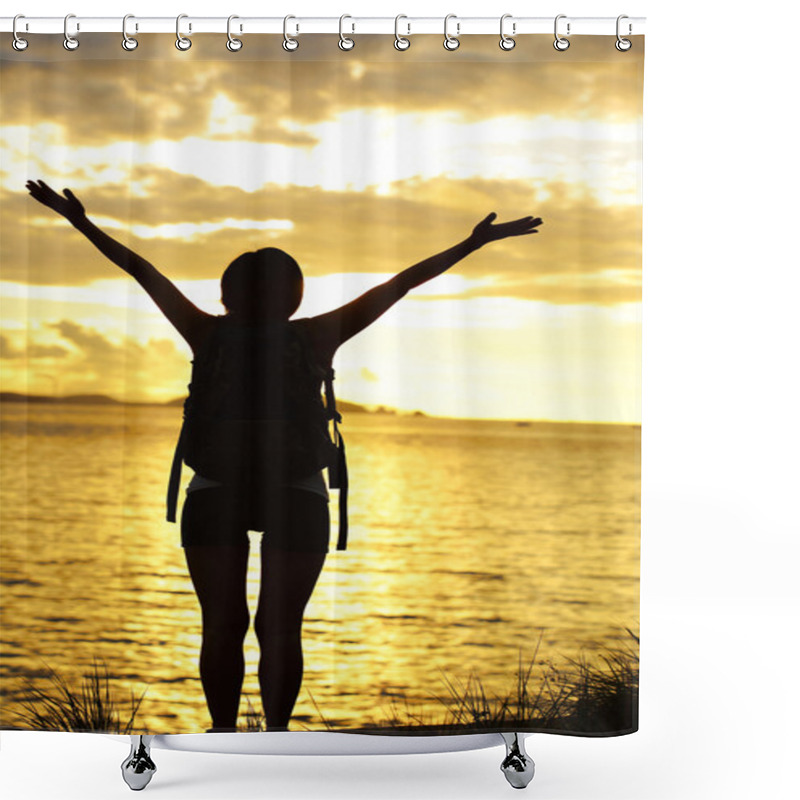 Personality  Cheering Woman Hiker With Open Arms Shower Curtains