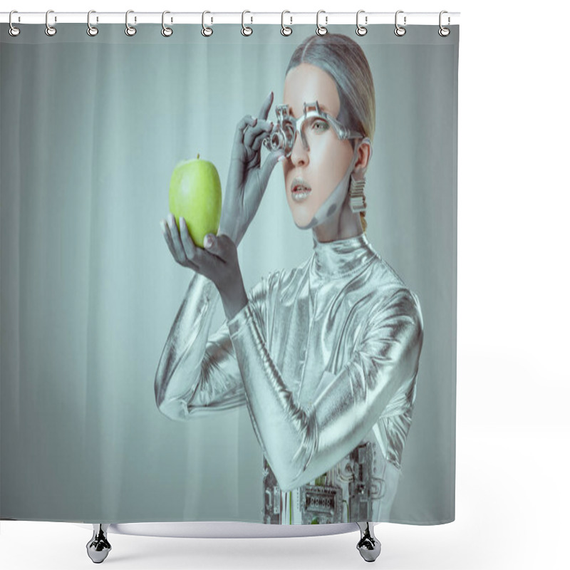 Personality  Robot Examining Green Apple Isolated On Grey, Future Technology Concept Shower Curtains