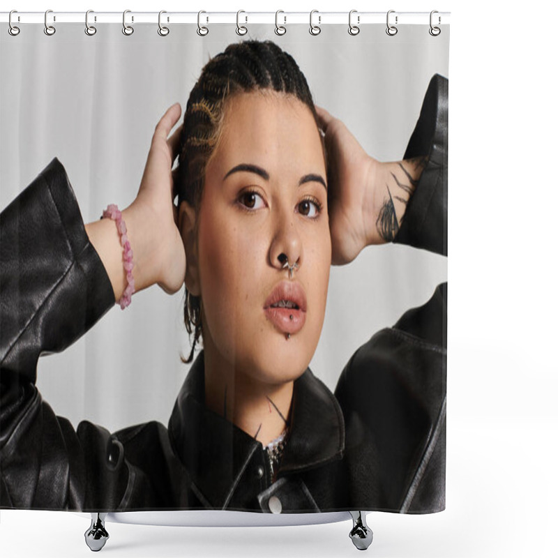 Personality  Confident Young Woman In A Leather Jacket Poses, Showcasing Her Style And Individuality. Shower Curtains