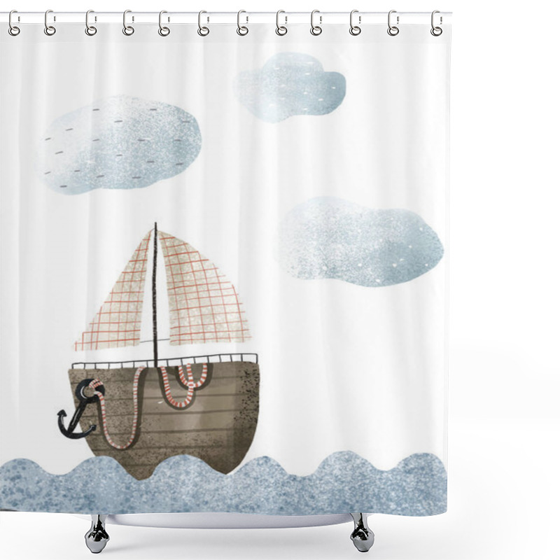 Personality  Wooden Yacht With A White Sailboat And An Anchor In The Ocean. Water Transport, Travel. Picture For Boys. Hand Drawn Illustration, Isolated Design For Print, Textile, Stickers Shower Curtains