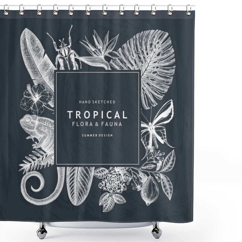 Personality  Tropical Wreath Design Won Chalkboard. Vector Invitation And Greeting Card With Hand Drawn Tropical Plants, Exotic Flowers, Palm Leaves, Insects And Chameleon Shower Curtains