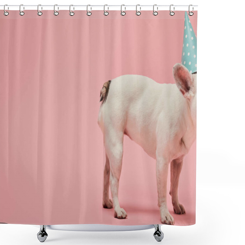 Personality  Cropped View Of French Bulldog In Blue Birthday Cap On Pink Background Shower Curtains