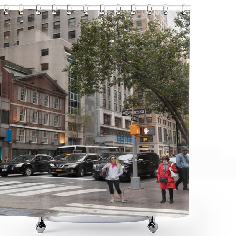 Personality  NEW YORK, USA - OCTOBER 11, 2022: People Standing Near Traffic Light On Urban Street In Manhattan  Shower Curtains