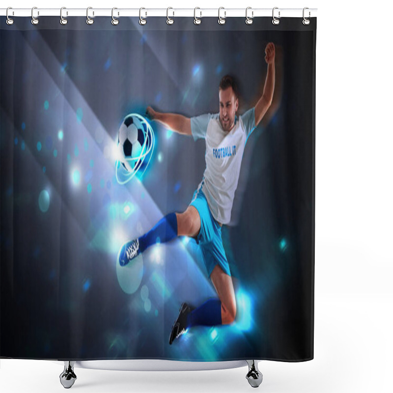 Personality  Shot Of Football Player In Action. Creative Banner Design Shower Curtains