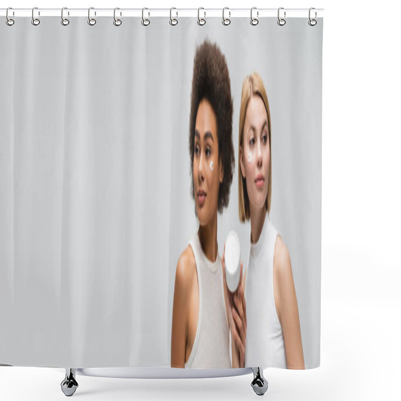 Personality  Interracial Blonde And Brunette Women Looking Away Near Jar Of Face Cream Isolated On Grey, Banner Shower Curtains