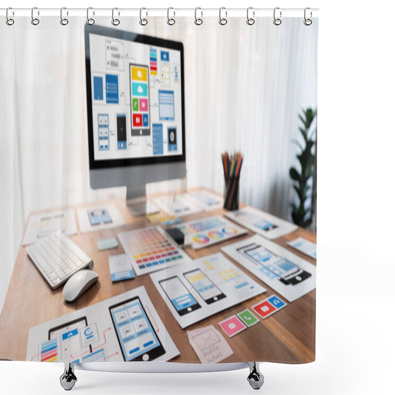 Personality  Digital And Paper Wireframe Designs For Web Or Mobile App UI UX Display On Laptop Computer Screen. Panoramic Shot Of Developer Workspace For Brainstorming And Design Application Framework. Scrutinize Shower Curtains