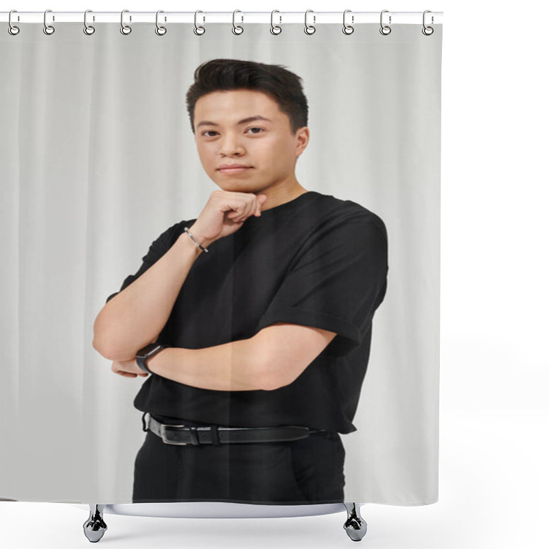 Personality  A Fashionable Young Man In Elegant Attire Strikes A Confident Pose For A Camera In A Black Shirt. Shower Curtains