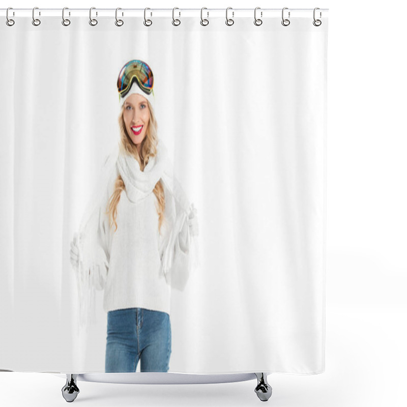 Personality  Attractive Woman In White Knitted Sweater, Hat, Scarf And Mittens With Ski Goggles On Head Smiling And Looking At Camera Isolated On White Shower Curtains