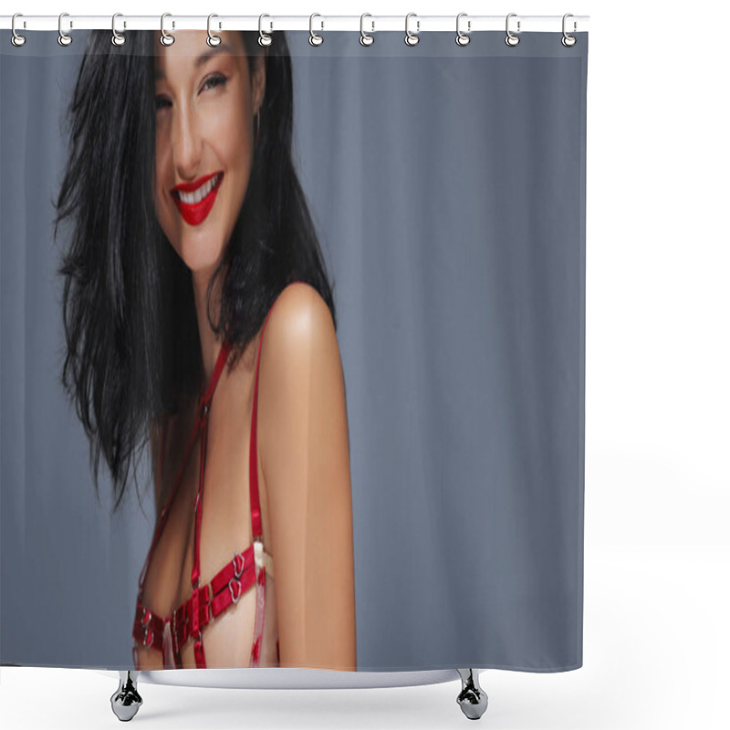 Personality  A Confident Woman In Red Lingerie Smiles Brightly, Accentuated By Her Bold Red Lipstick. Her Dark Hair Contrasts With The Vibrant Lingerie, Making This Image Ideal For Fashion, Beauty, And Lingerie Shower Curtains