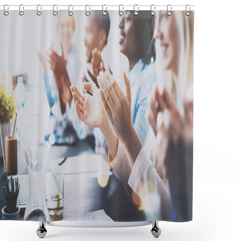 Personality  Photo Of Partners Clapping Hands After Business Seminar. Professional Education, Work Meeting, Presentation Or Coaching Concept.Horizontal,blurred Background. Shower Curtains