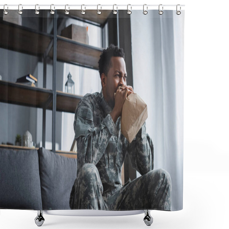 Personality  Stressed African American Soldier In Military Uniform Breathing With Paper Bag While Having Panic Attack And Suffering From PTSD At Home Shower Curtains