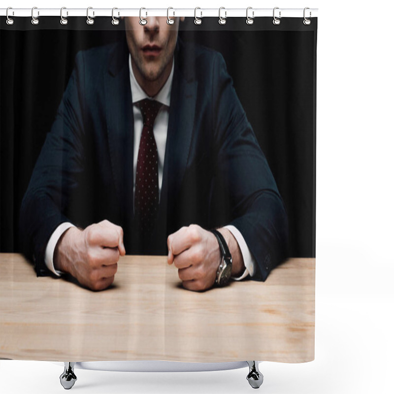 Personality  Partial View Of Angry Businessman Sitting At Table And Holding Fists Isolated On Black, Human Emotion And Expression Concept Shower Curtains