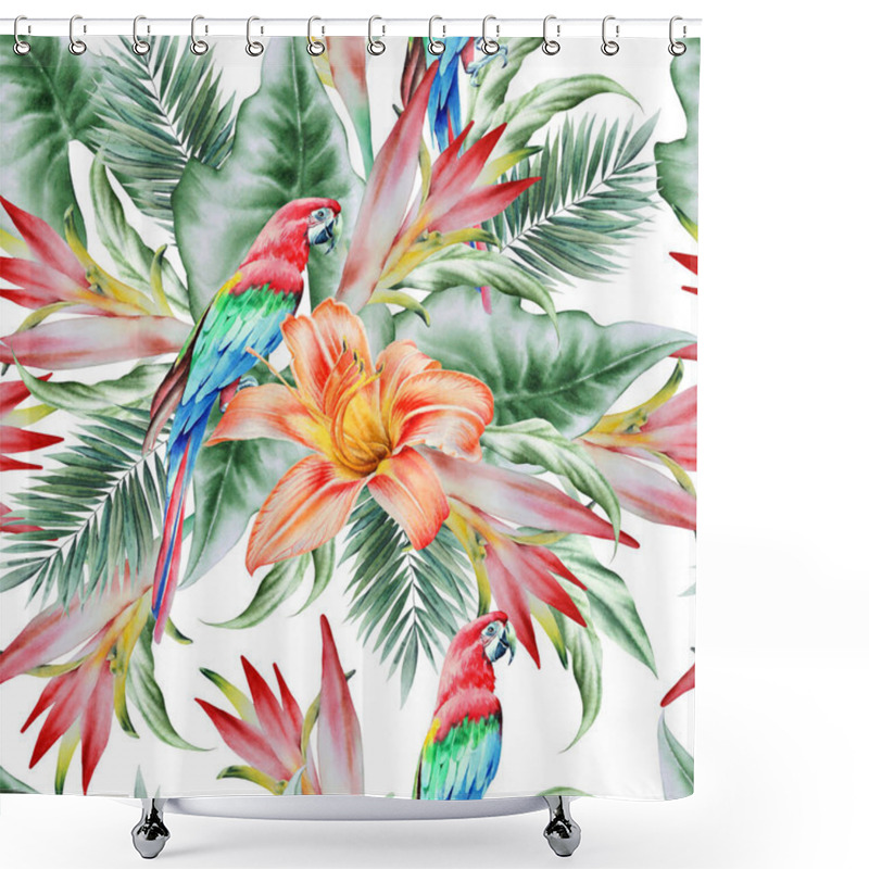 Personality  Bright  Tropical Seamless Pattern With Parrots And Flowers. Palm Shower Curtains