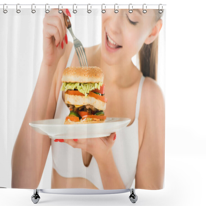 Personality  Close Up Of Beautiful Woman In Underwear Eating Tasty Burger With Fork From Plate Isolated On White Shower Curtains