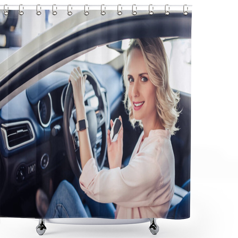 Personality  Portrait Of Attractive Smiling Woman Sitting In The Car, Golding Keys And Looking At The Camera Shower Curtains