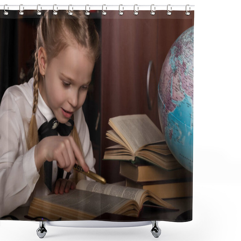 Personality  Schoolgirl Doing Homework, Little Blonde Girl Studing At Home At The Table. Childrens Education Shower Curtains