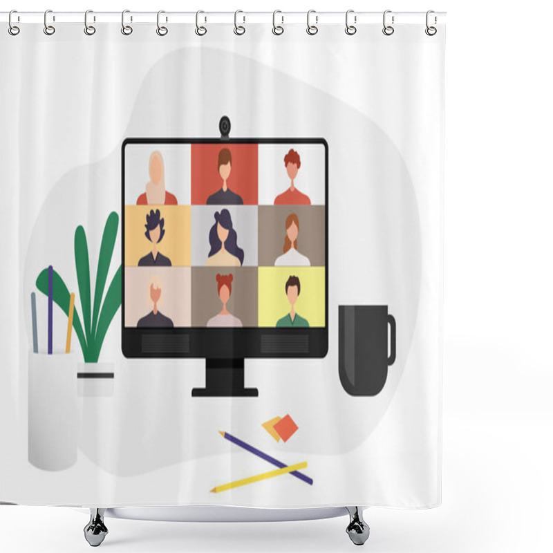 Personality  Colleagues Talk To Each Other On The Computer Screen. Conference Video Call, Working From Home Vector Design. Shower Curtains