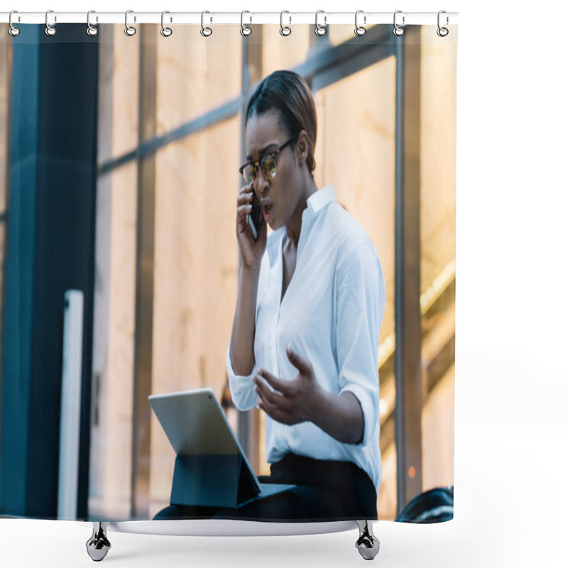 Personality  Young Serious Executive Woman Worried With Problem Discussing Working Process By Smartphone While Checking Information In Tablet Near Office Building Shower Curtains