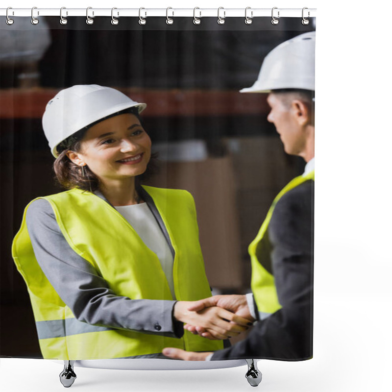 Personality  Supervisor And His Happy Female Colleague In Hard Hat And Safety Vest Shaking Hands In Warehouse Shower Curtains