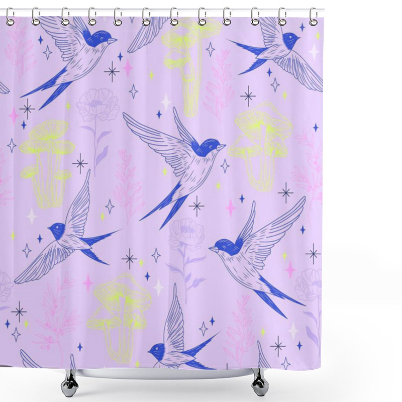 Personality  Purple Swallow Bird Seamless Pattern With Mushrooms, Flowers, And Nature Elements. Hand-Drawn Vector Background Shower Curtains