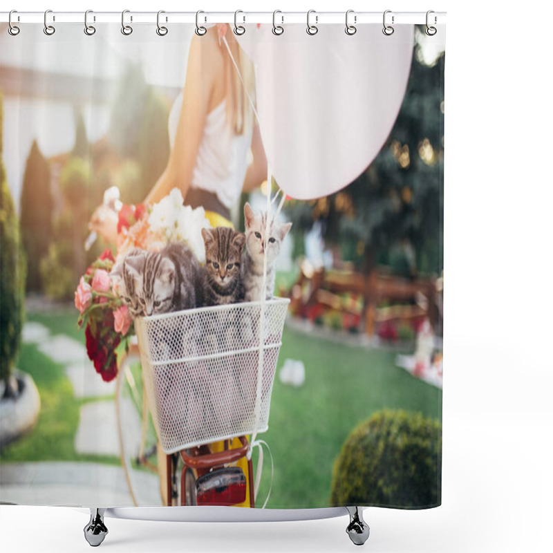 Personality  Beautiful Attractive Young Woman Carrying Her Little Cute British Shorthair Kittens In Bicycle Basket. Shower Curtains