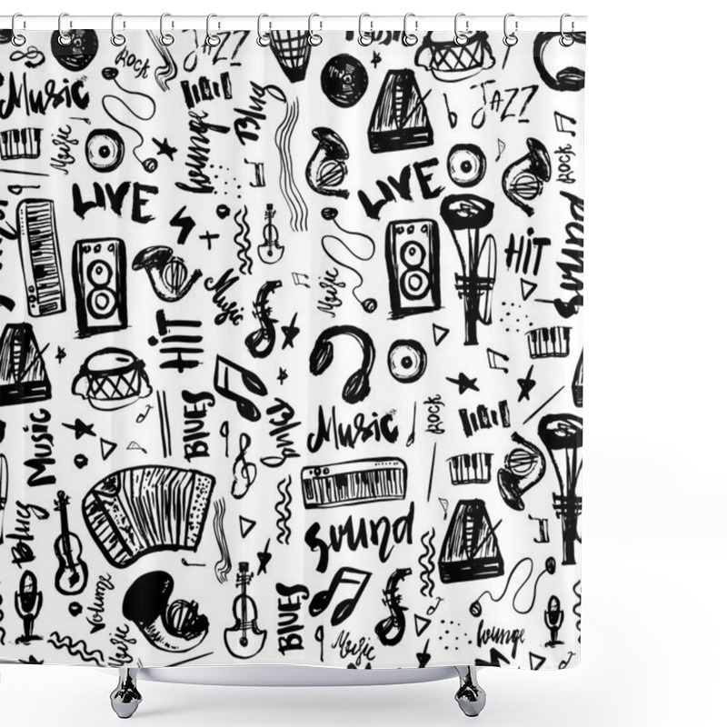 Personality  Music Symbols Funny Hand Drawn Seamless Pattern With Elemens And Lettering. Shower Curtains