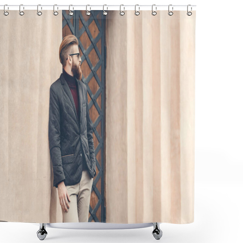 Personality  Man Leaning On Old Building Shower Curtains