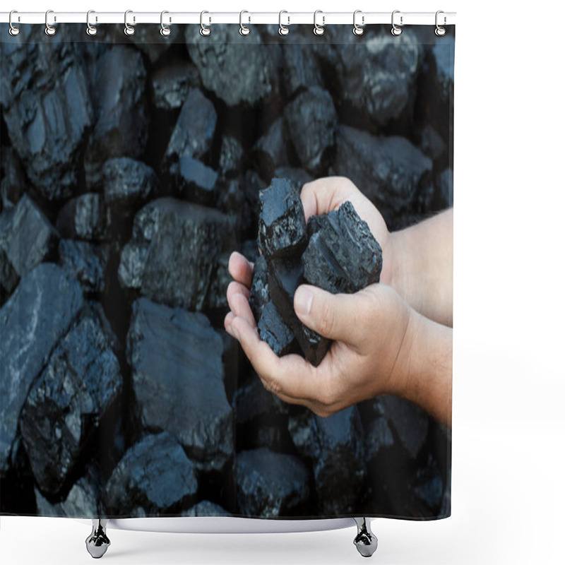 Personality  Coal Mining Hands Holding Sunlit Coal Stone Part Shower Curtains