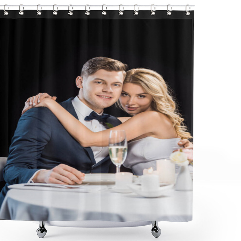 Personality  Happy Young Groom And Bride Embracing And Looking At Camera Isolated On Black Shower Curtains