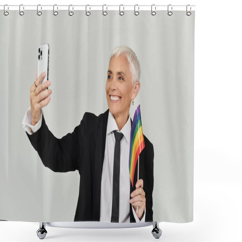 Personality  A Stylish Woman Joyfully Takes A Selfie While Holding A Rainbow Flag. Shower Curtains