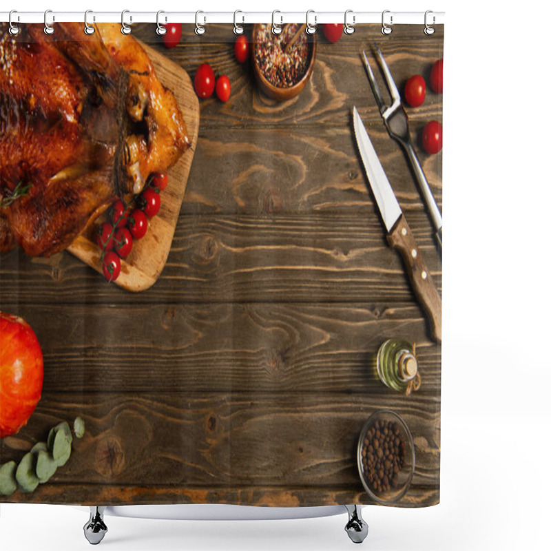 Personality  Thanksgiving Backdrop, Roasted Turkey With Spices And Red Cherry Tomatoes On Textured Wooden Surface Shower Curtains