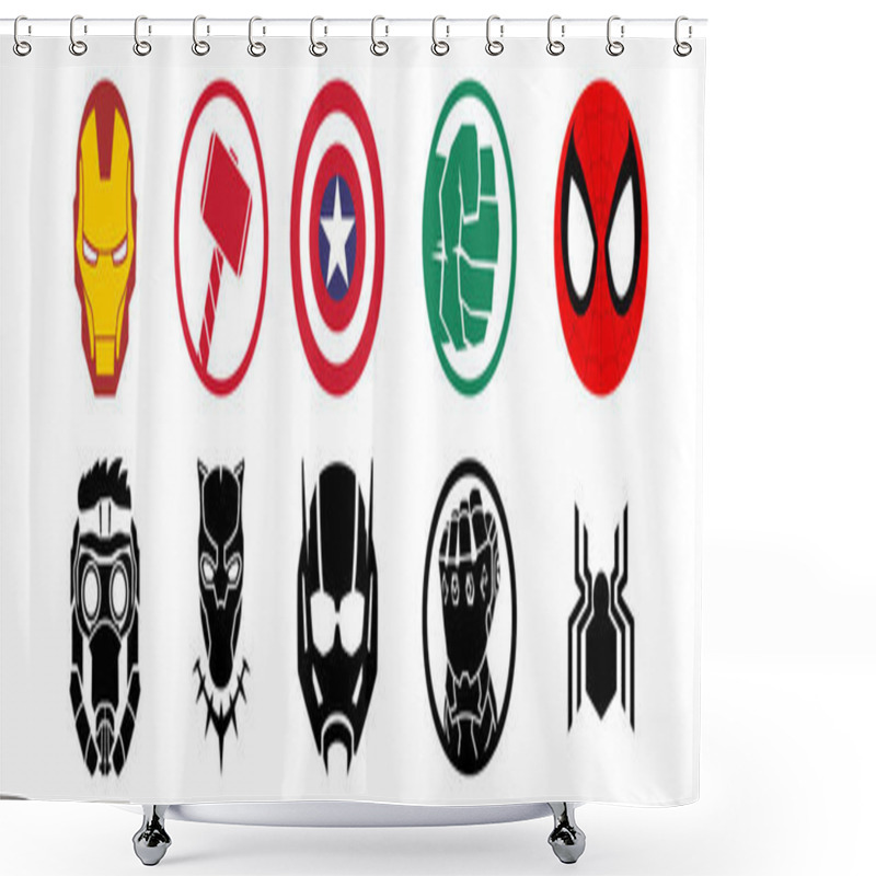 Personality  Logos Icon Of The Most Famous Superheroes Marvel. Avengers, Thanos, Iron Man, Thor, Captain America, The Hulk, Guardian Of The Galaxy, Star Lord, Black Panther, Ant Man, Spider Man Shower Curtains