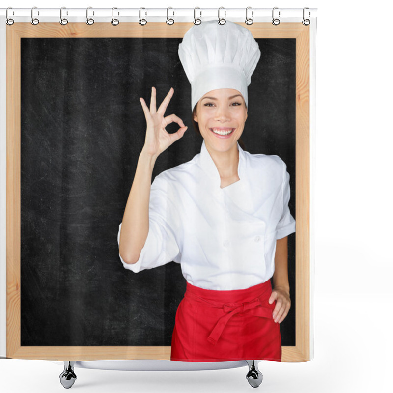 Personality  Chef Showing Menu Blackboard And Perfect Hand Sign Shower Curtains