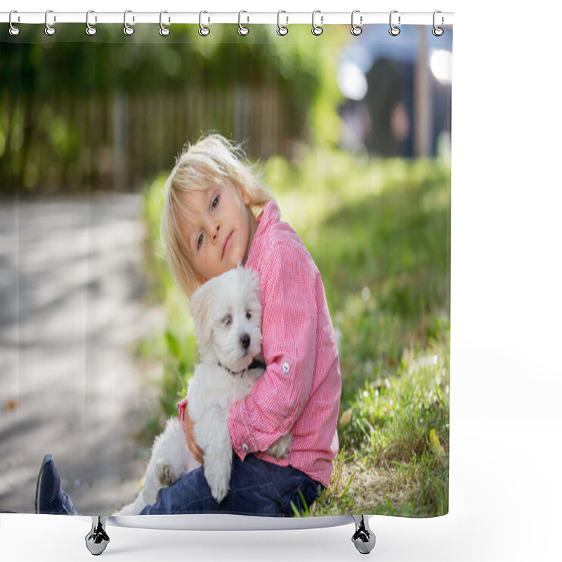 Personality  Child, Cute Boy, Playing With Dog Pet In The Park, Maltese Dog And Kid Enjoying Walk Together Shower Curtains